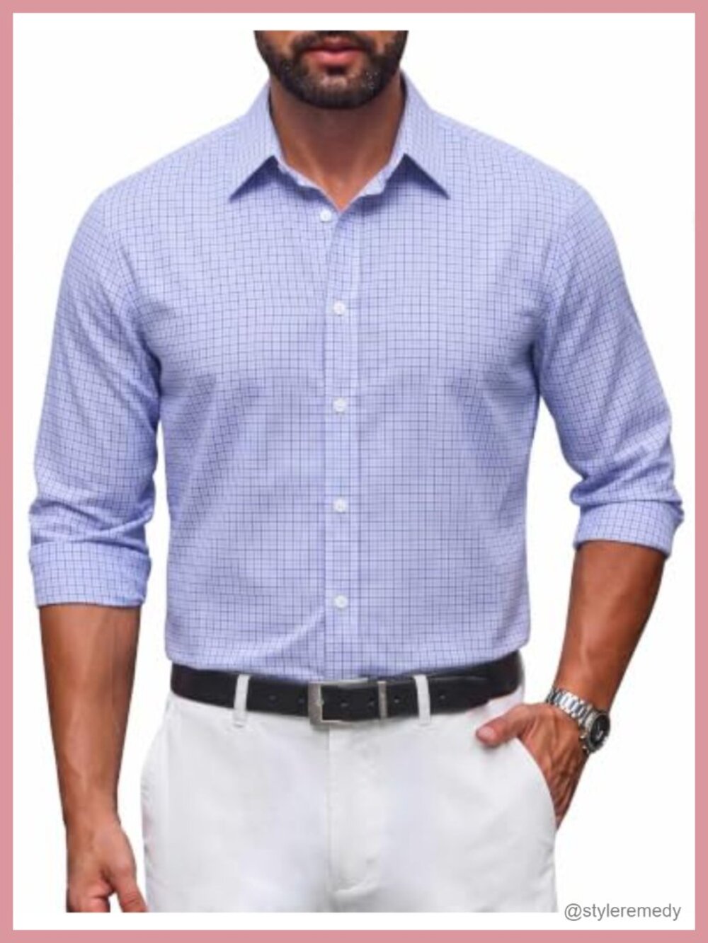 Men's Button Down Long Sleeve Plaid Cotton Wrinkle Free Dress Shirt